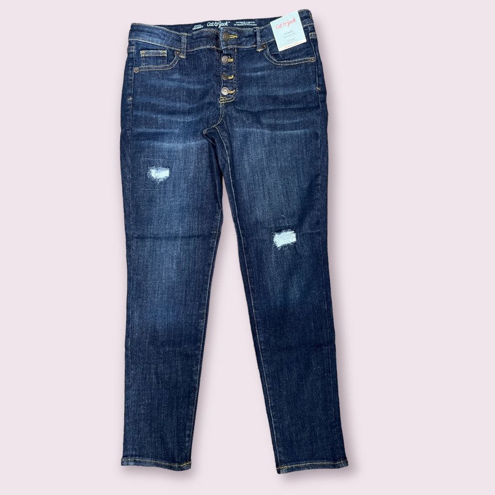Cat &Jack Girls Distress Lace Mid-Rise Stretch Jeans, Dark Wash - Size 14 plus